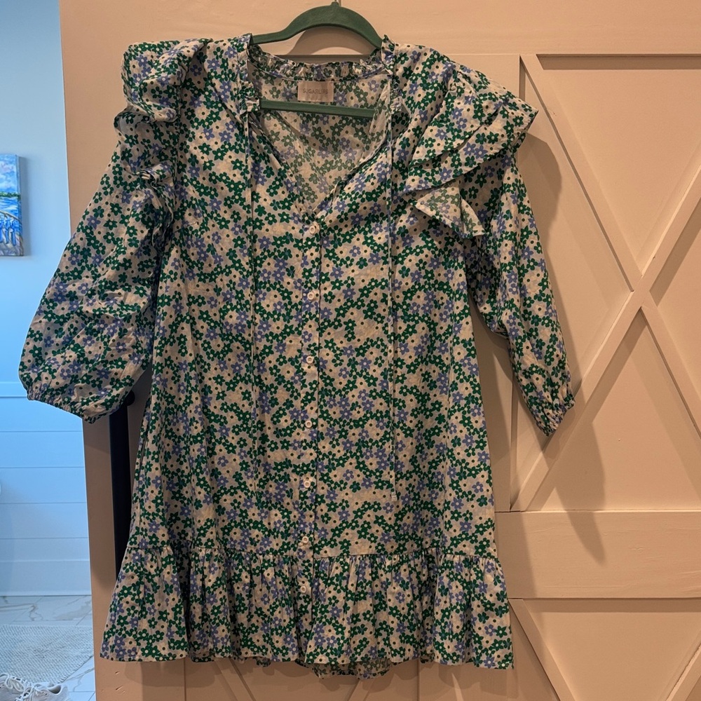 Floral Ruffle Dress in Green and Blue